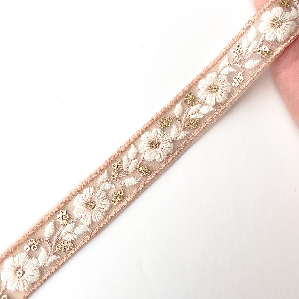 952 【 幅:2.5cm 】 インド刺繍リボン ベージュ チュール ピンクベージュ ホワイト
