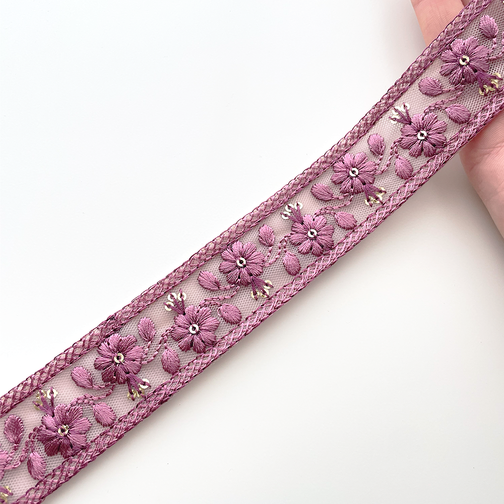 990 【 幅:3cm 】 インド刺繍リボン パープル チュール