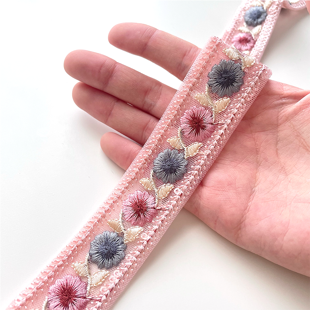 001 【 幅：3cm 】 インド刺繍リボン　ピンク　チュール　ブルー　ベージュ