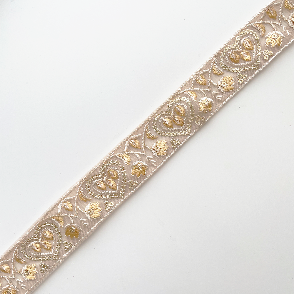 1006 【 幅：3cm 】 インド刺繍リボン　ベージュ　チュール　クリーム　イエロー　ゴールド
