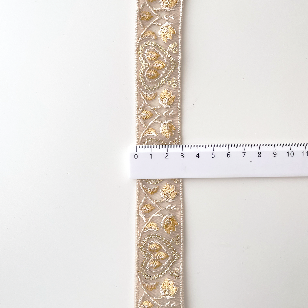 1006 【 幅：3cm 】 インド刺繍リボン　ベージュ　チュール　クリーム　イエロー　ゴールド