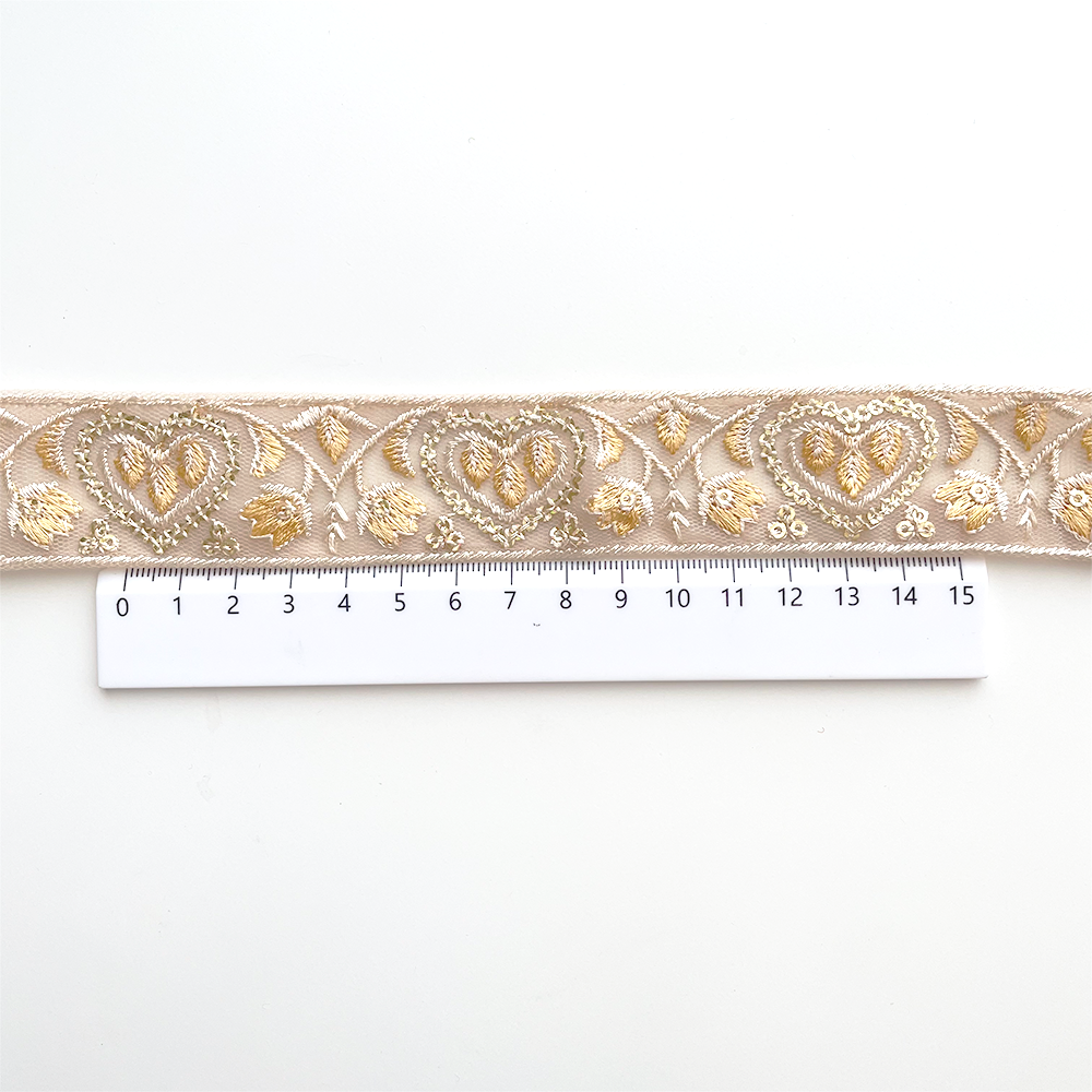 1006 【 幅：3cm 】 インド刺繍リボン　ベージュ　チュール　クリーム　イエロー　ゴールド