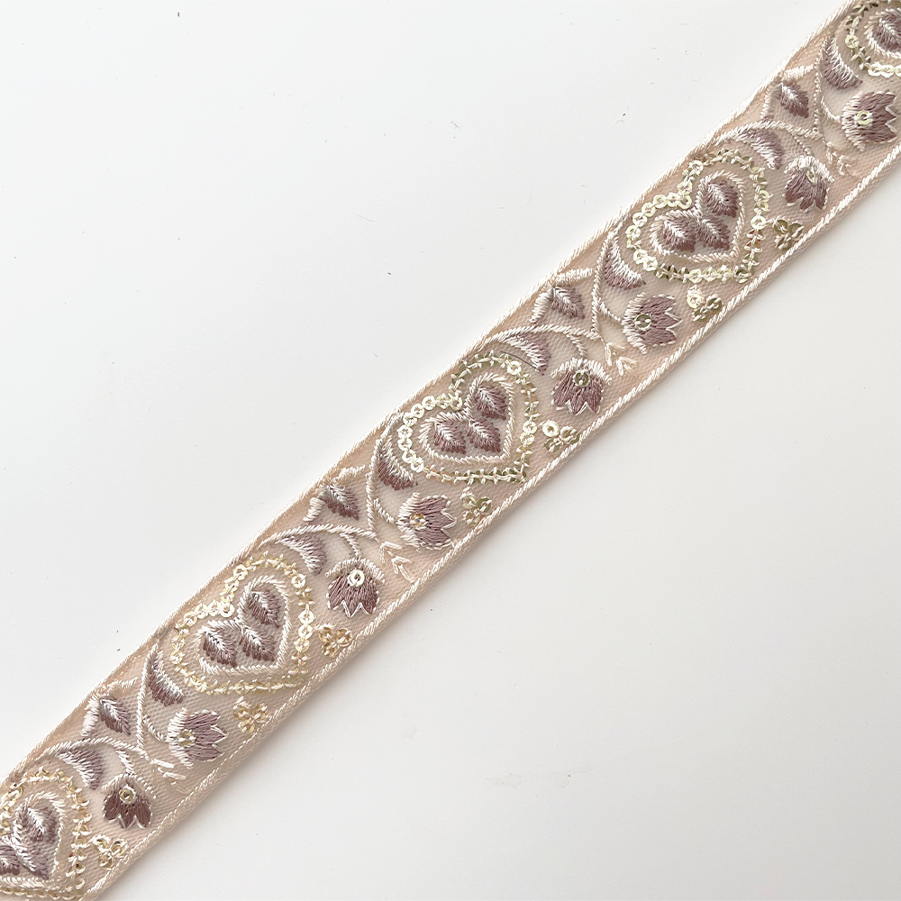 1007 【 幅：3cm 】 インド刺繍リボン　ベージュ　チュール　パープル　ゴールド
