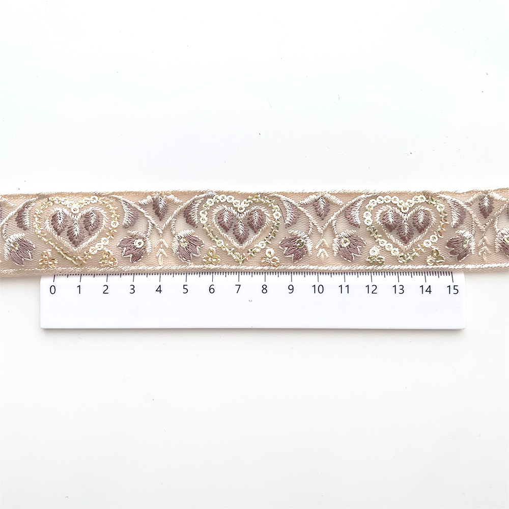 1007 【 幅：3cm 】 インド刺繍リボン　ベージュ　チュール　パープル　ゴールド