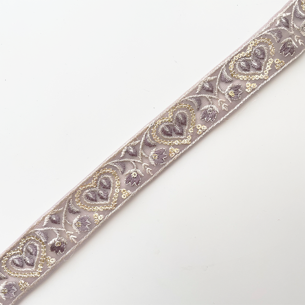 1008 【 幅：3cm 】 インド刺繍リボン　パープル　チュール　ゴールド