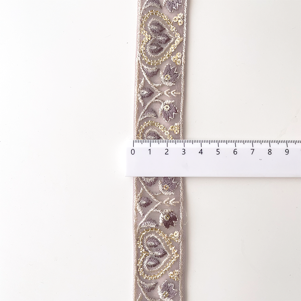 1008 【 幅：3cm 】 インド刺繍リボン　パープル　チュール　ゴールド