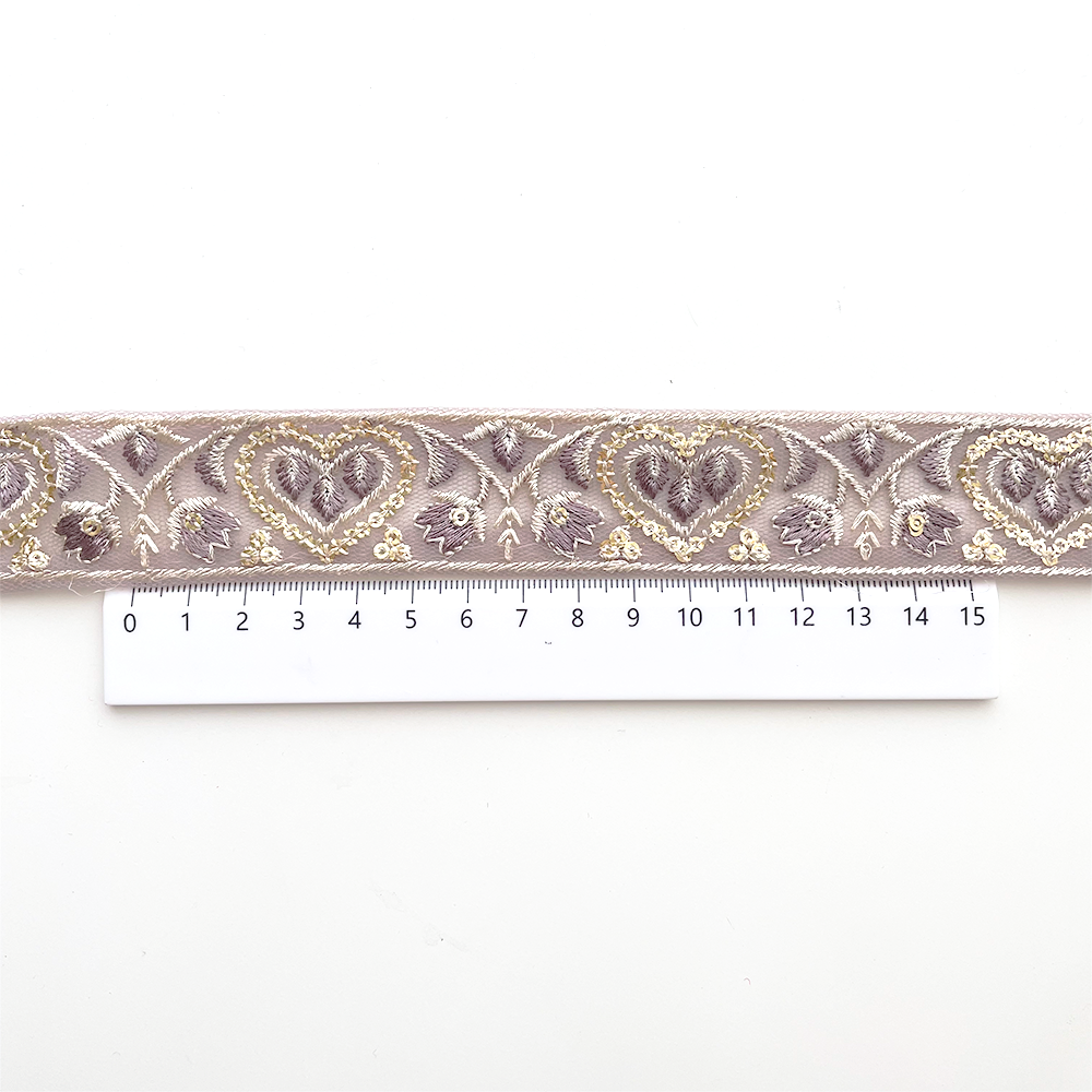 1008 【 幅：3cm 】 インド刺繍リボン　パープル　チュール　ゴールド