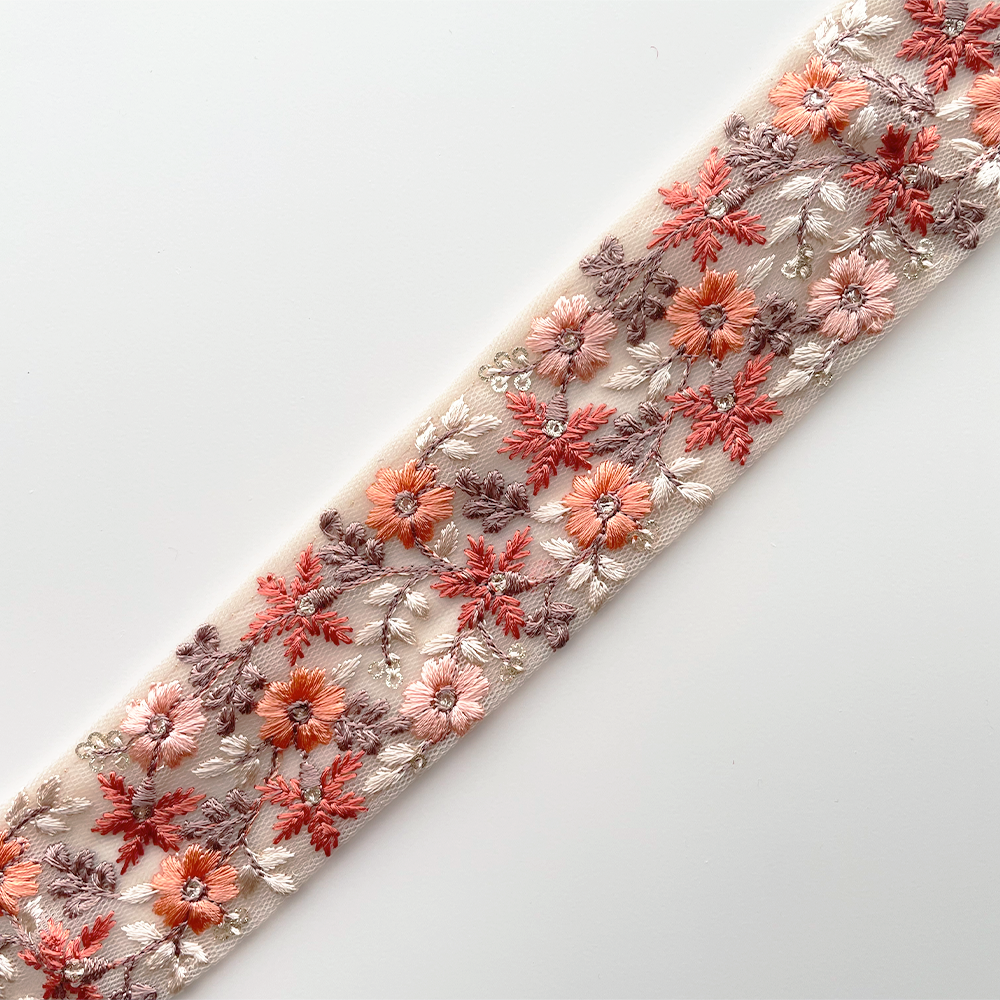 1012 【 幅：4.5cm 】 インド刺繍リボン　ベージュ　チュール　オレンジ