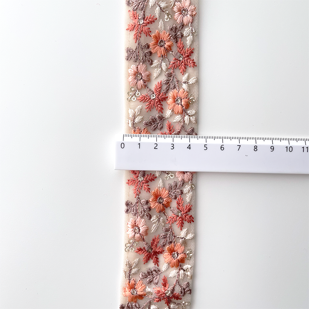 1012 【 幅：4.5cm 】 インド刺繍リボン　ベージュ　チュール　オレンジ