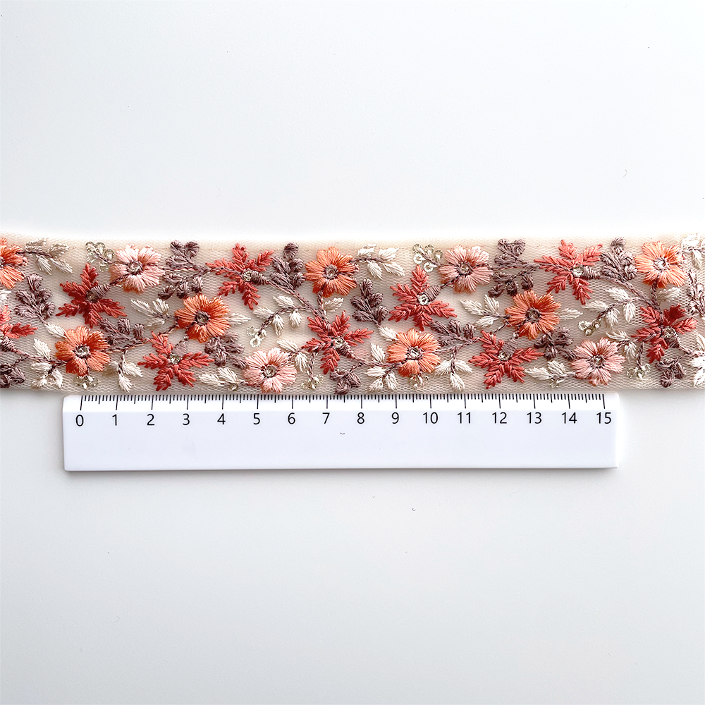 1012 【 幅：4.5cm 】 インド刺繍リボン　ベージュ　チュール　オレンジ