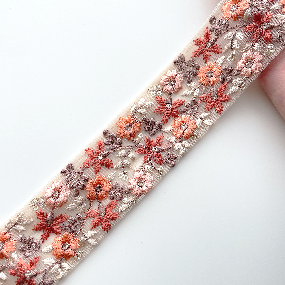 1012 【 幅：4.5cm 】 インド刺繍リボン　ベージュ　チュール　オレンジ