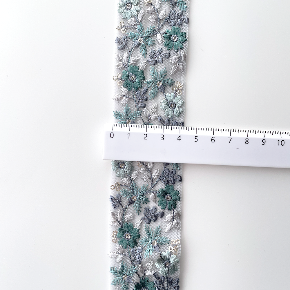 1015 【 幅：4.5cm 】 インド刺繍リボン　ブルー　チュール　グリーン