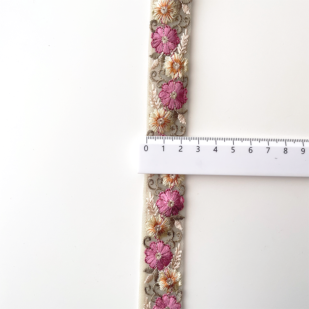 1019 【 幅：2.5cm 】 インド刺繍リボン　グリーン　チュール　ピンク　イエロー