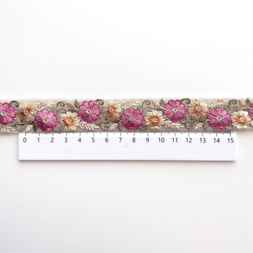 1019 【 幅：2.5cm 】 インド刺繍リボン　グリーン　チュール　ピンク　イエロー