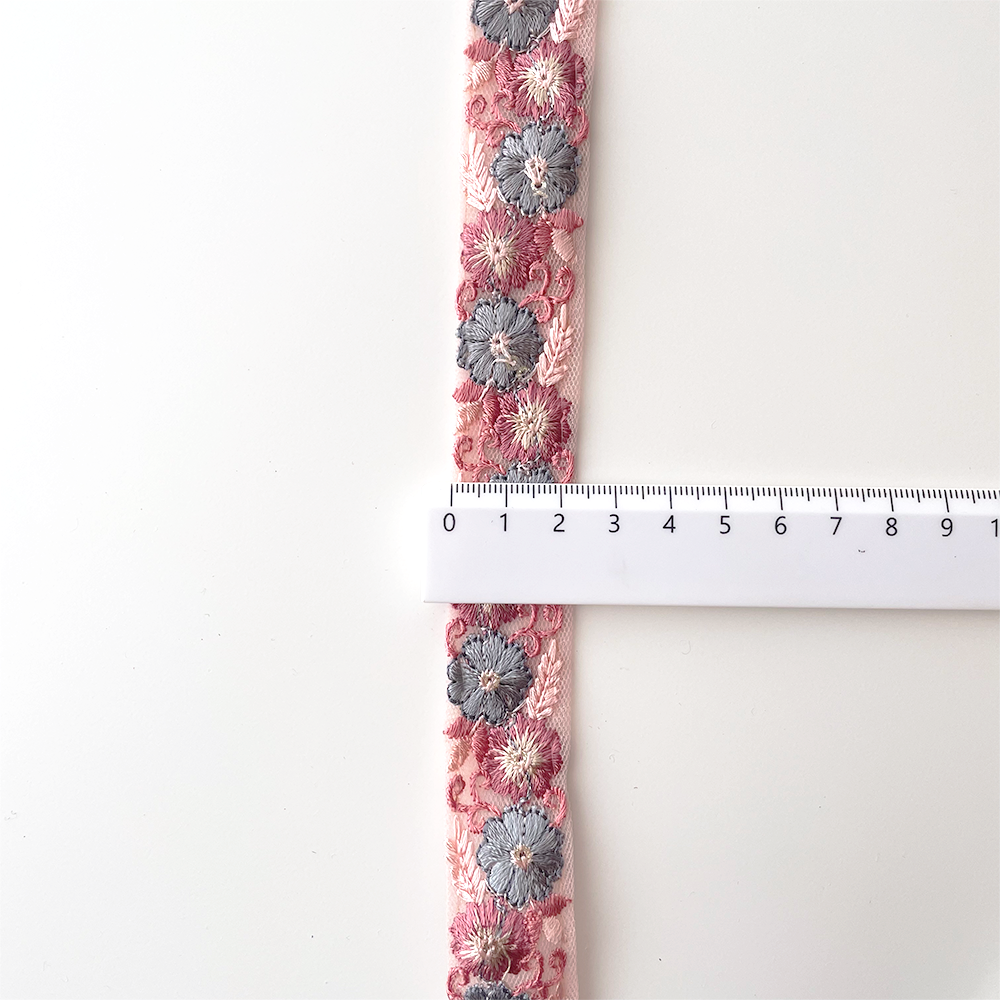 1020 【 幅：2.5cm 】 インド刺繍リボン　ピンク　チュール　ピンク　ブルー