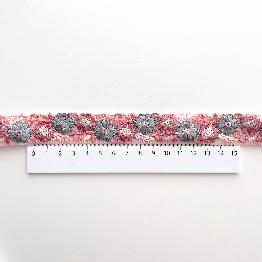 1020 【 幅：2.5cm 】 インド刺繍リボン　ピンク　チュール　ピンク　ブルー