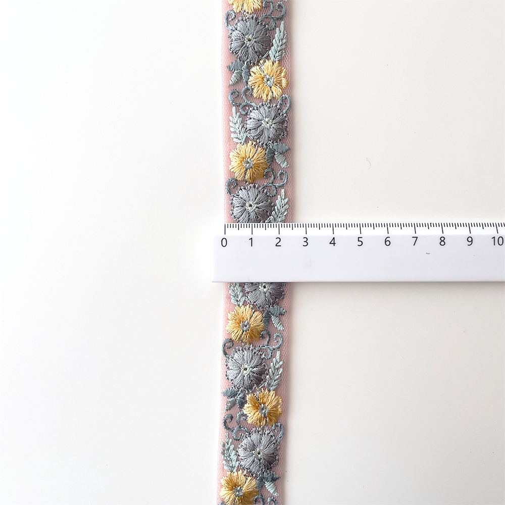 1021 【 幅：2.5cm 】 インド刺繍リボン　ピンク　チュール　ブルー　イエロー