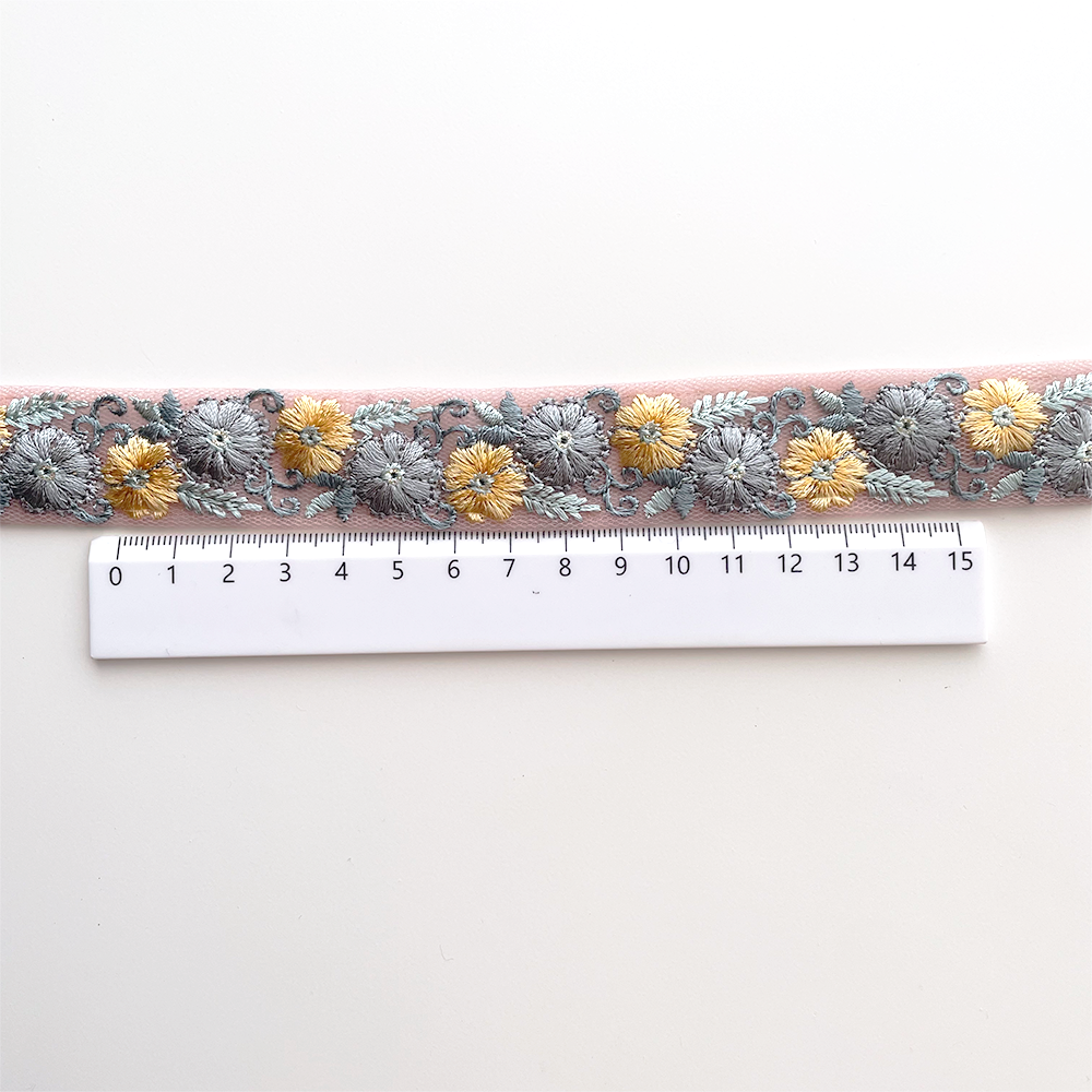 1021 【 幅：2.5cm 】 インド刺繍リボン　ピンク　チュール　ブルー　イエロー