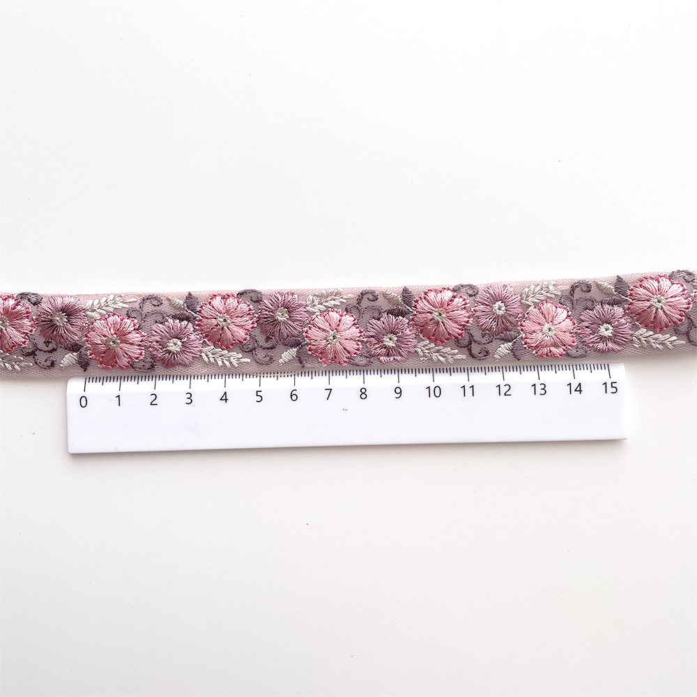 1022 【 幅：2.5cm 】 インド刺繍リボン　パープル　チュール　ピンク