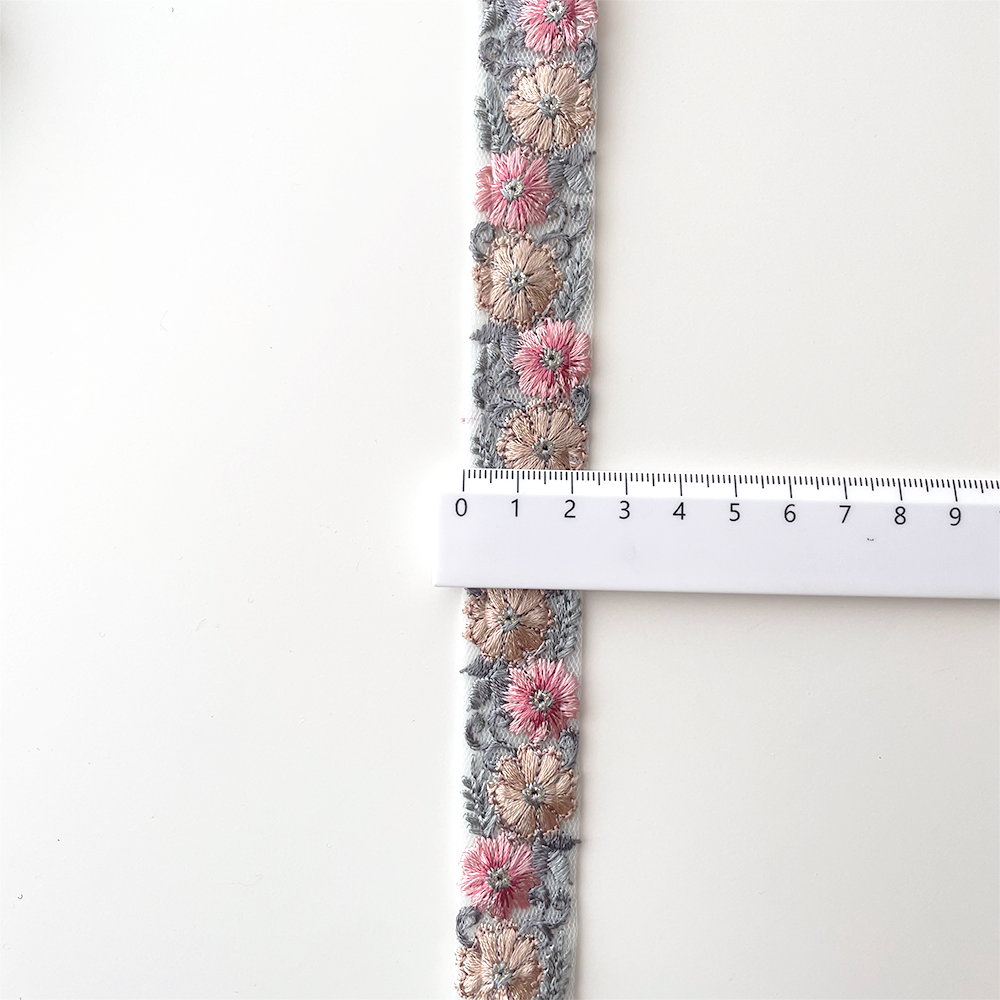 1024 【 幅：2.5cm 】 インド刺繍リボン　ベビーブルー　チュール　ピンク　ベージュ