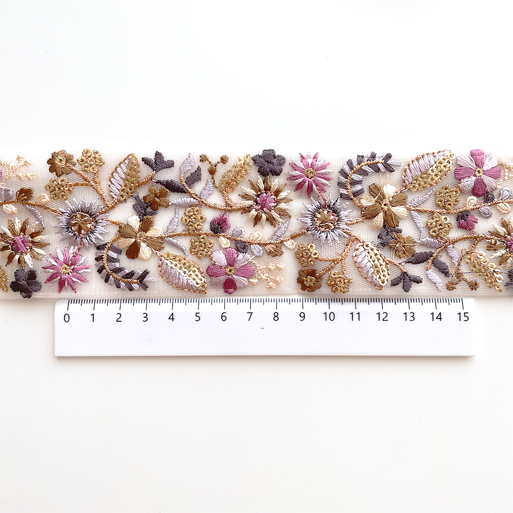 1027 【 幅：5.5cm 】 インド刺繍リボン　ホワイト　チュール　パープル　ゴールド　グリーン