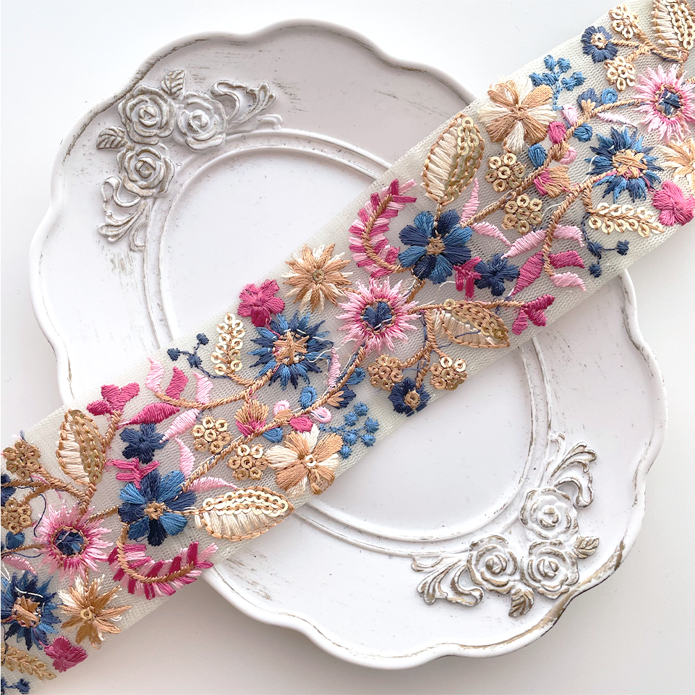 1029 【 幅：5.5cm 】 インド刺繍リボン　グリーン　チュール　ブルー　ピンク　ゴールド