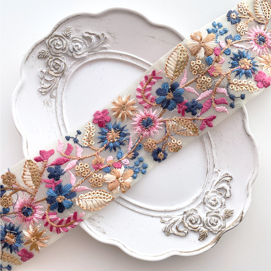 1029 【 幅：5.5cm 】 インド刺繍リボン　グリーン　チュール　ブルー　ピンク　ゴールド