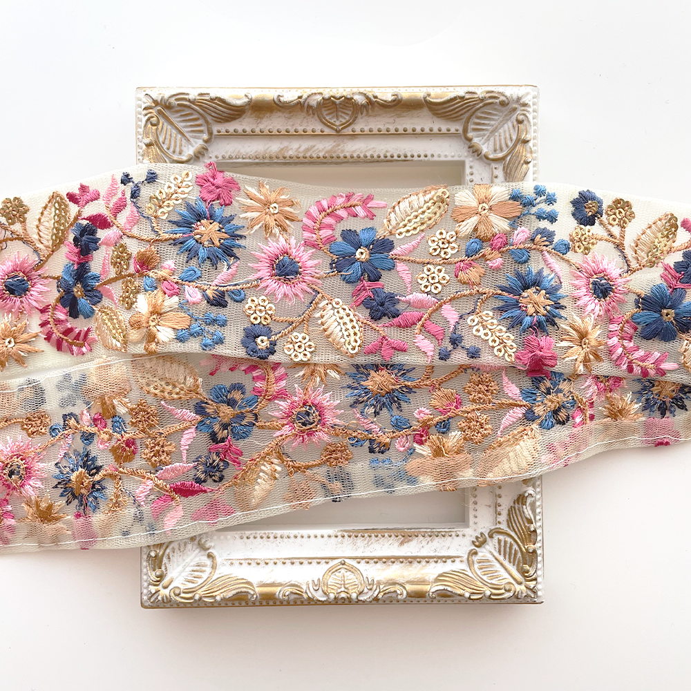 1029 【 幅：5.5cm 】 インド刺繍リボン　グリーン　チュール　ブルー　ピンク　ゴールド