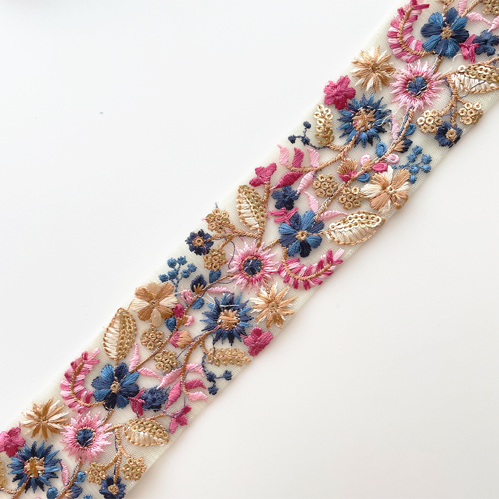 1029 【 幅：5.5cm 】 インド刺繍リボン　グリーン　チュール　ブルー　ピンク　ゴールド