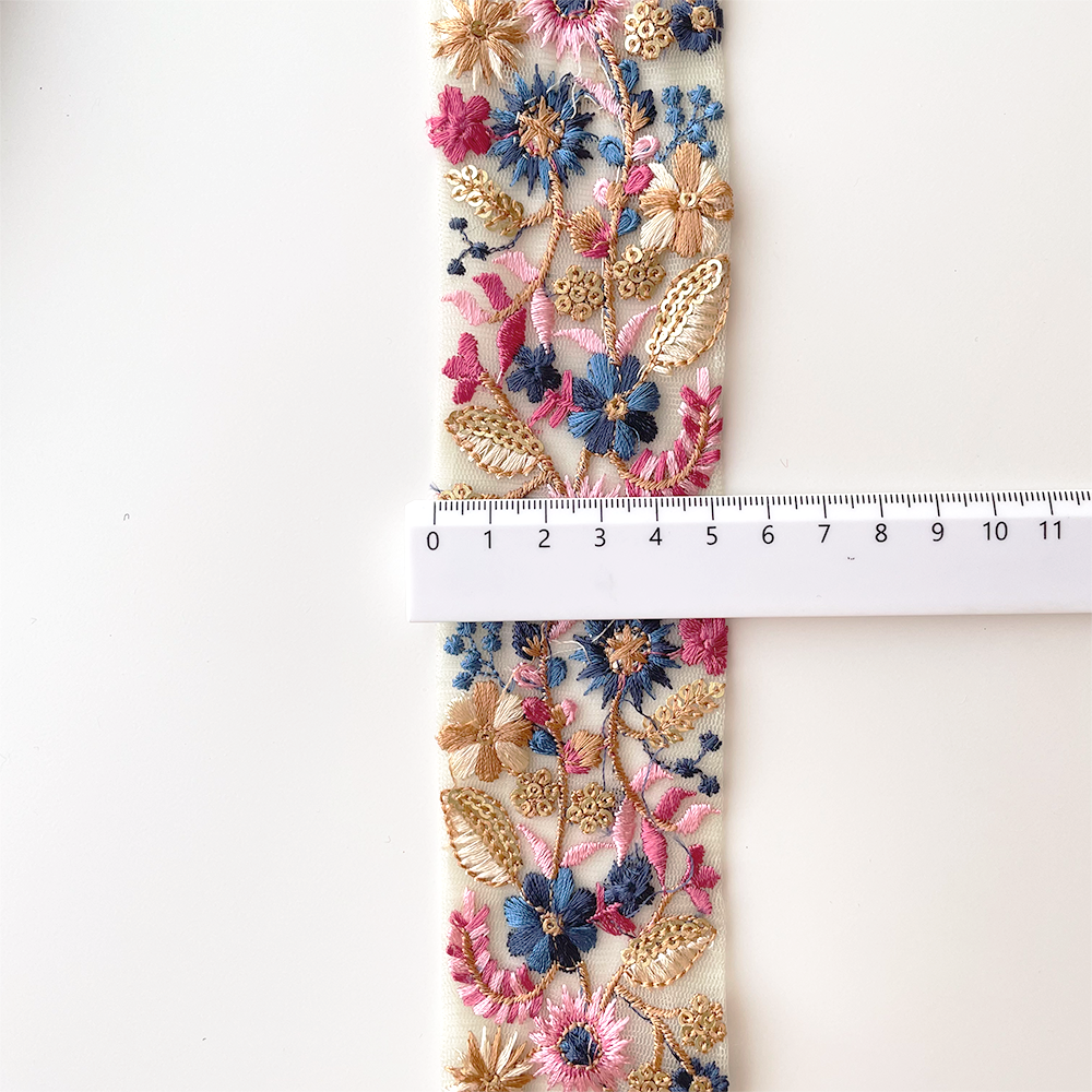 1029 【 幅：5.5cm 】 インド刺繍リボン　グリーン　チュール　ブルー　ピンク　ゴールド