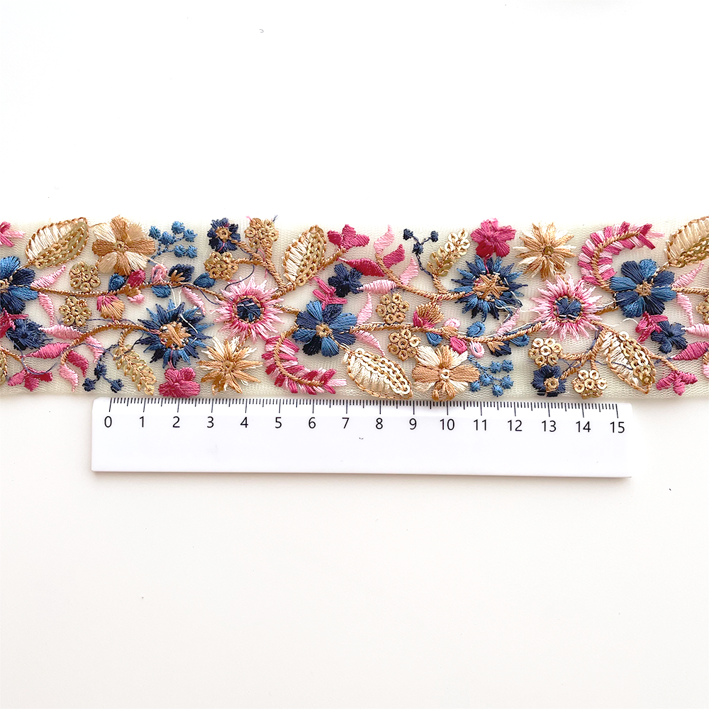 1029 【 幅：5.5cm 】 インド刺繍リボン　グリーン　チュール　ブルー　ピンク　ゴールド
