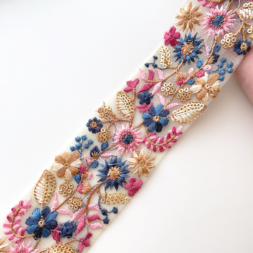 1029 【 幅：5.5cm 】 インド刺繍リボン　グリーン　チュール　ブルー　ピンク　ゴールド