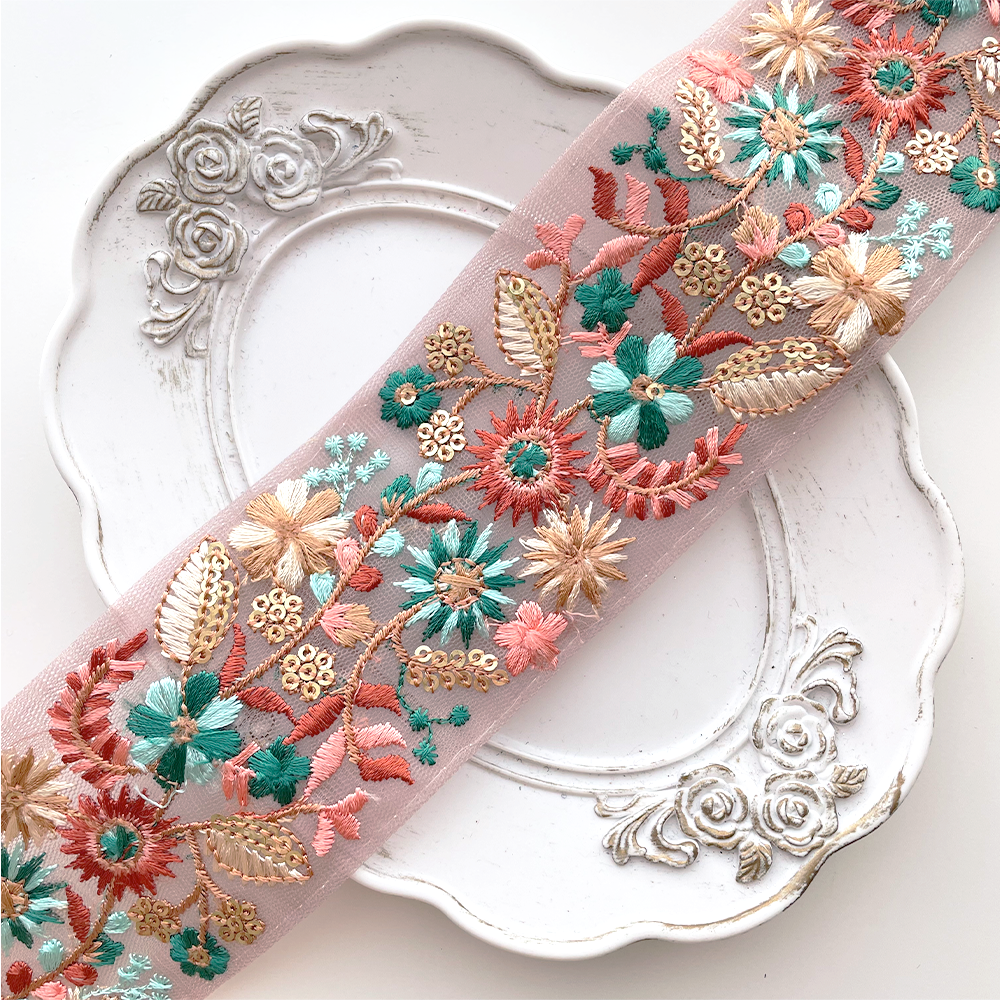 1030 【 幅：5.5cm 】 インド刺繍リボン　ピンク　チュール　グリーン　オレンジ　ゴールド