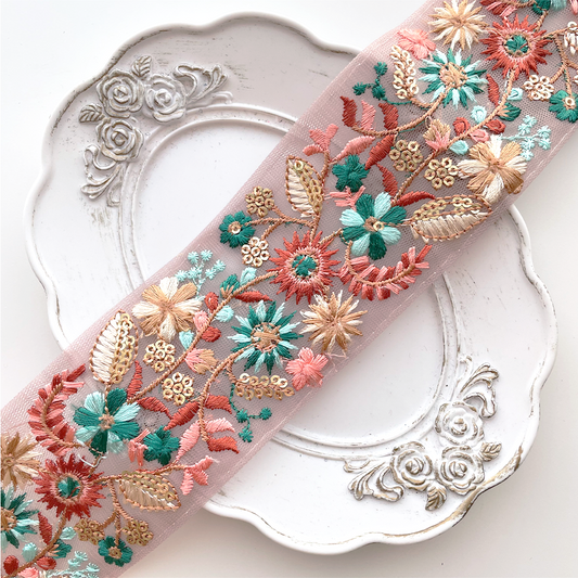 1030 【 幅：5.5cm 】 インド刺繍リボン　ピンク　チュール　グリーン　オレンジ　ゴールド