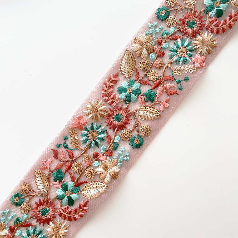 1030 【 幅：5.5cm 】 インド刺繍リボン　ピンク　チュール　グリーン　オレンジ　ゴールド