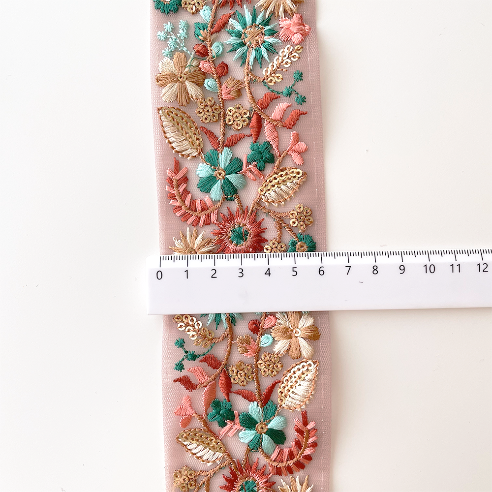 1030 【 幅：5.5cm 】 インド刺繍リボン　ピンク　チュール　グリーン　オレンジ　ゴールド
