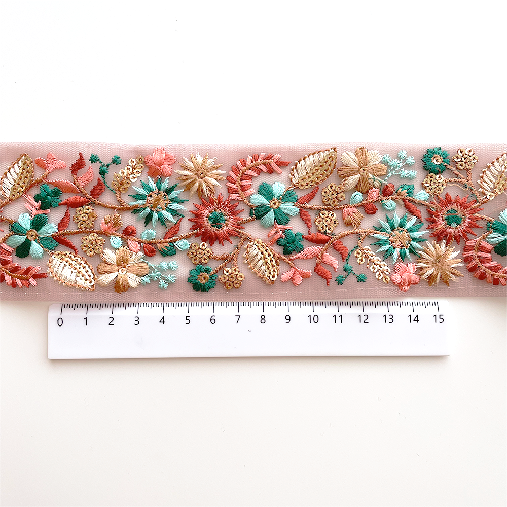 1030 【 幅：5.5cm 】 インド刺繍リボン　ピンク　チュール　グリーン　オレンジ　ゴールド