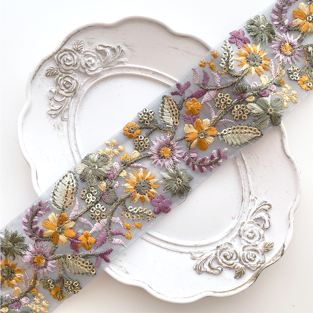 1031 【 幅：5.5cm 】 インド刺繍リボン　ブルー　チュール　グリーン　パープル　イエロー