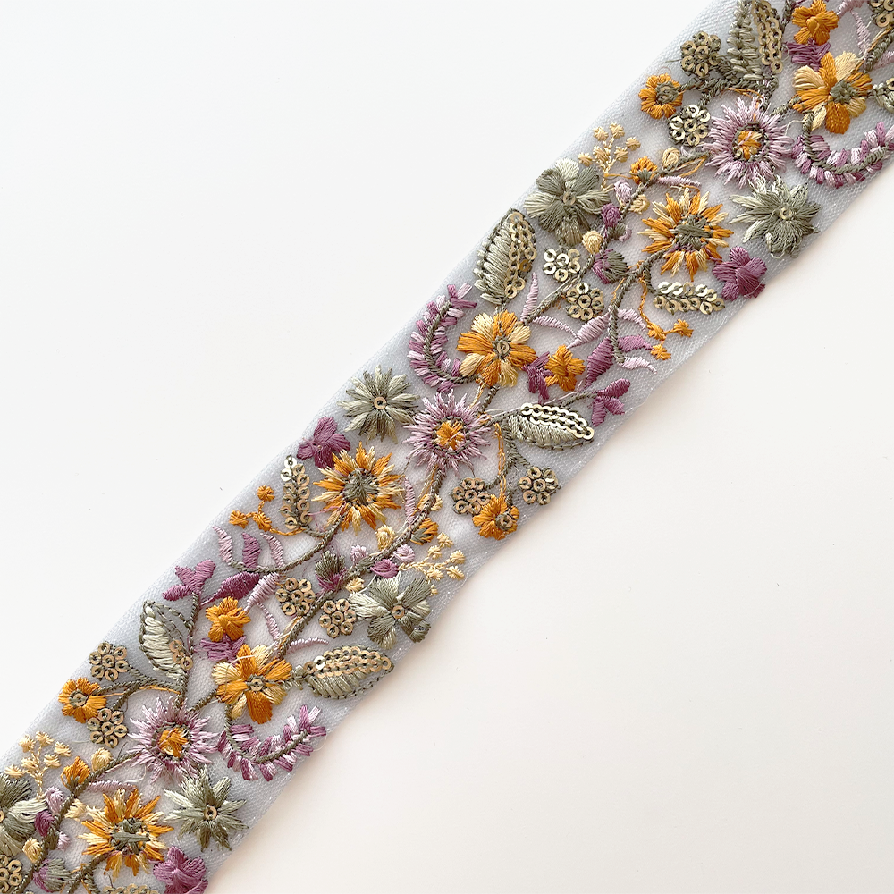 1031 【 幅：5.5cm 】 インド刺繍リボン　ブルー　チュール　グリーン　パープル　イエロー