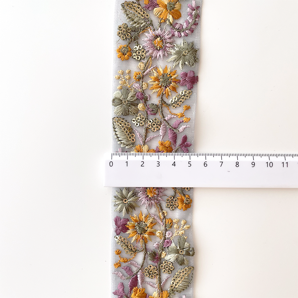 1031 【 幅：5.5cm 】 インド刺繍リボン　ブルー　チュール　グリーン　パープル　イエロー