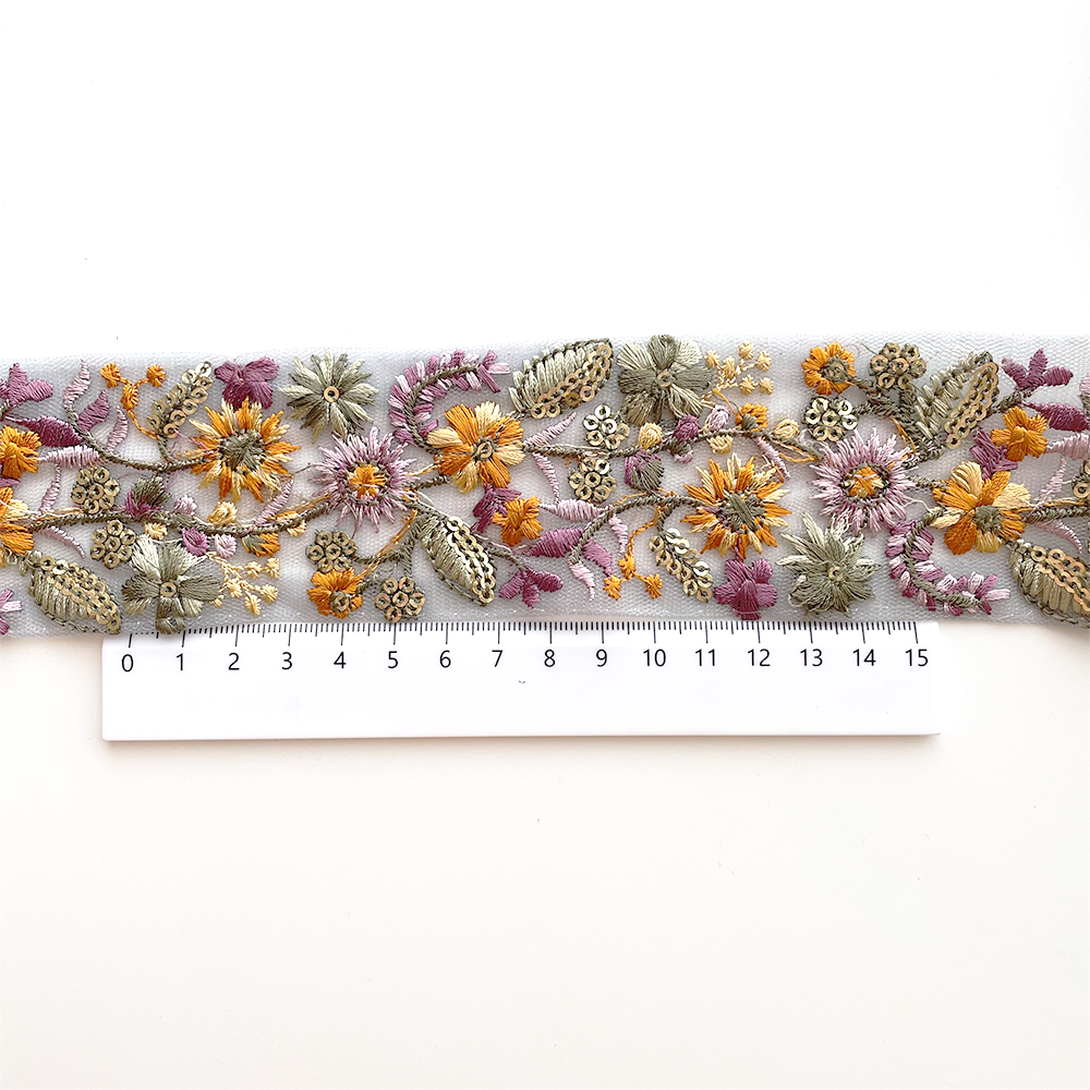 1031 【 幅：5.5cm 】 インド刺繍リボン　ブルー　チュール　グリーン　パープル　イエロー