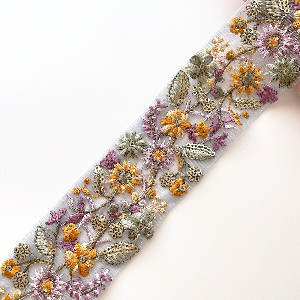 1031 【 幅：5.5cm 】 インド刺繍リボン　ブルー　チュール　グリーン　パープル　イエロー