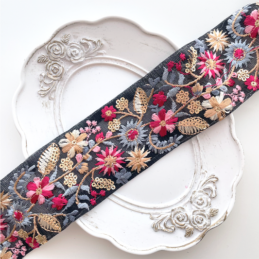 1032 【 幅：5.5cm 】 インド刺繍リボン　ブラック　チュール　ブルー　レッド　ベージュ