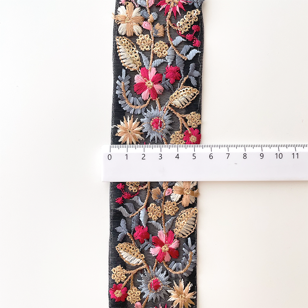 1032 【 幅：5.5cm 】 インド刺繍リボン　ブラック　チュール　ブルー　レッド　ベージュ