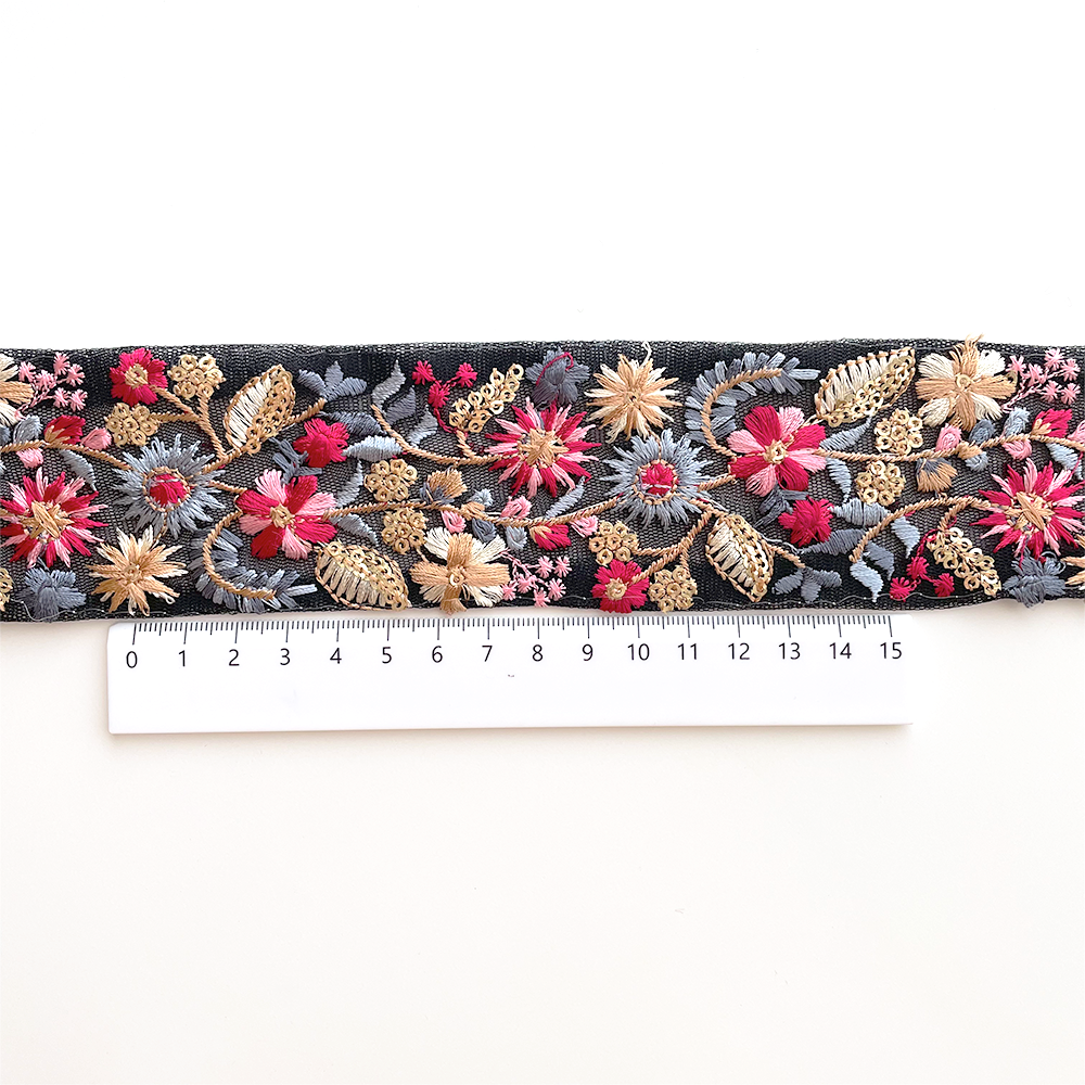 1032 【 幅：5.5cm 】 インド刺繍リボン　ブラック　チュール　ブルー　レッド　ベージュ