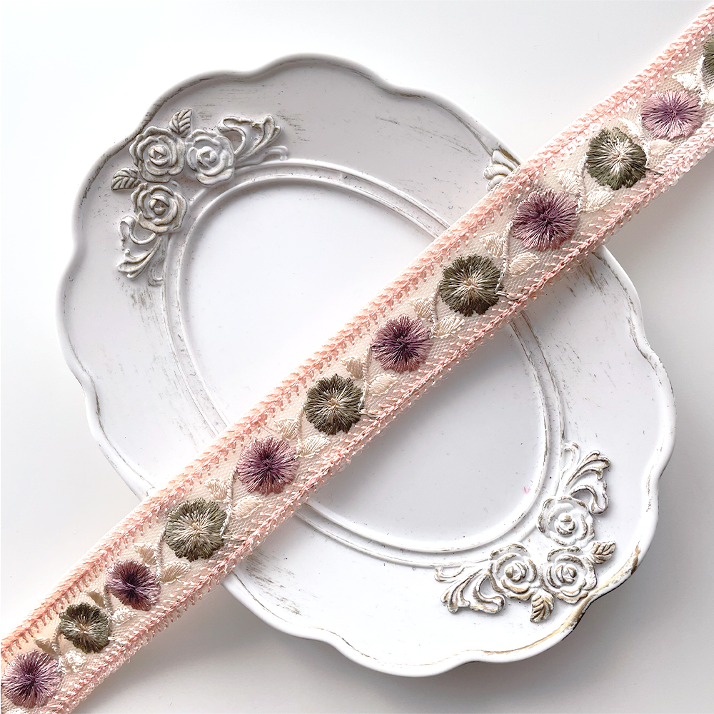 1033 【 幅：3cm 】 インド刺繍リボン　ベビーピンク　チュール　グリーン　パープル