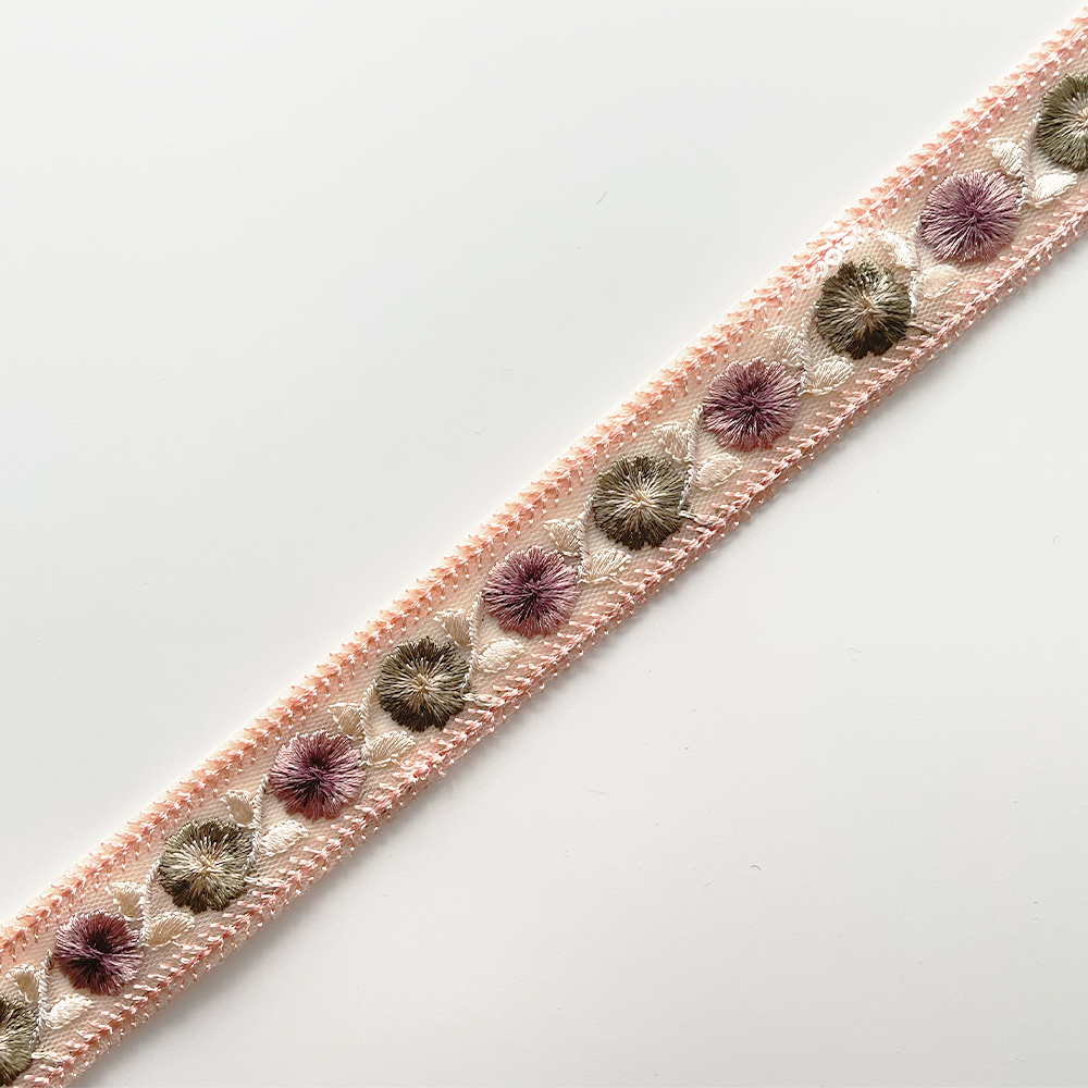 1033 【 幅：3cm 】 インド刺繍リボン　ベビーピンク　チュール　グリーン　パープル