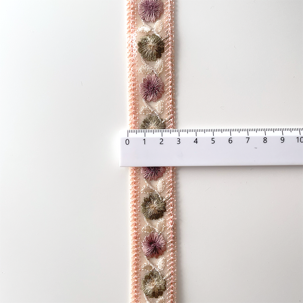 1033 【 幅：3cm 】 インド刺繍リボン　ベビーピンク　チュール　グリーン　パープル
