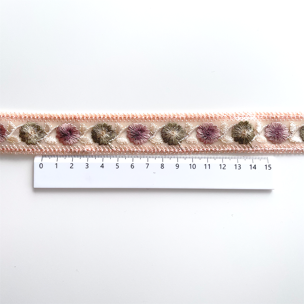 1033 【 幅：3cm 】 インド刺繍リボン　ベビーピンク　チュール　グリーン　パープル