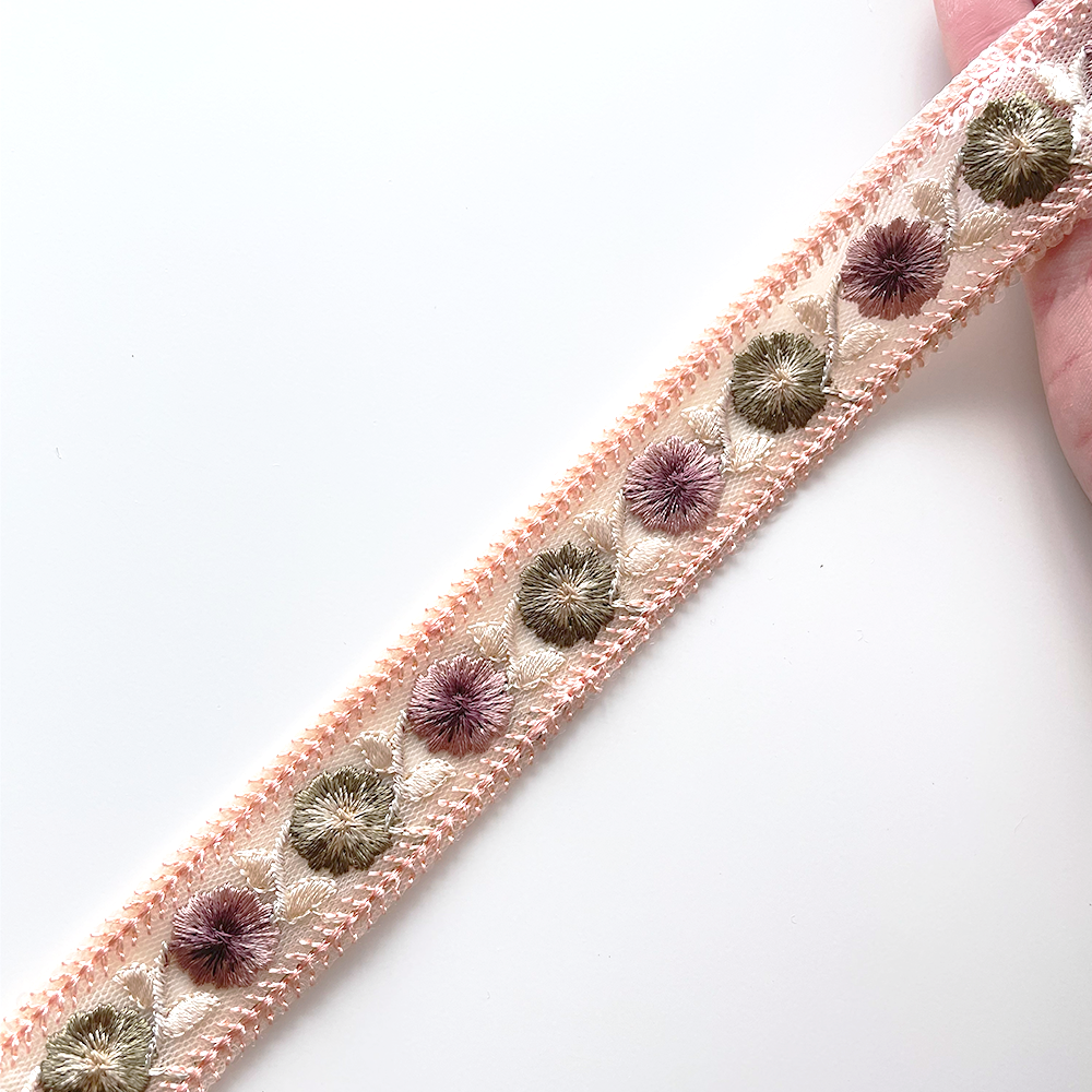 1033 【 幅：3cm 】 インド刺繍リボン　ベビーピンク　チュール　グリーン　パープル